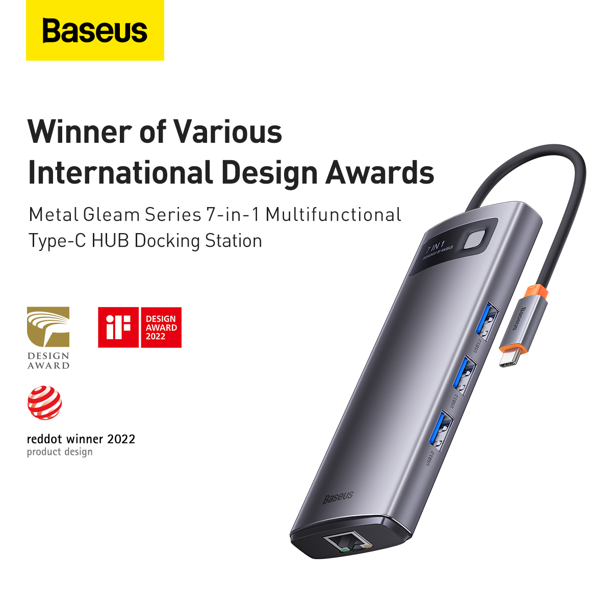 Baseus Metal Gleam Series HUB 4-en-1 USB Type C - 3 x USB 3.2 Gen. 1 / RJ45  (WKWG070113) - grossiste d'accessoires GSM Hurtel