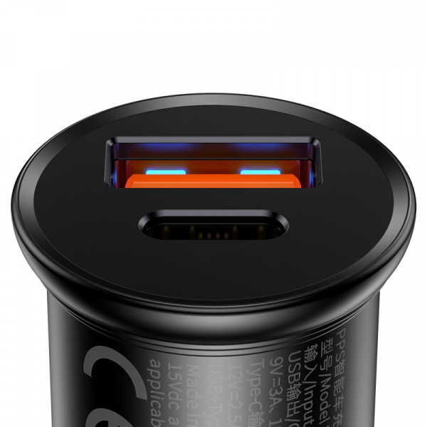 Автомобильное зарядное устройство Baseus  Circular metal A+C 30W PPS Car Charger  Чёрный (CCALL-BS01)
