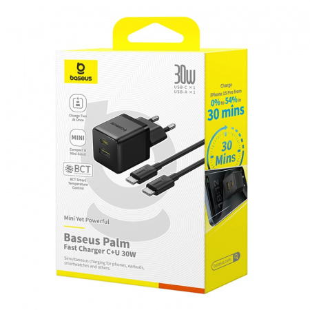 Сетевое зарядное устройство Baseus Palm Fast Charger C+U 30W EU Чёрный (в комплекте кабель USB-C - USB-C 60W (20V/3A) 1м) (P1011160A113-01)
