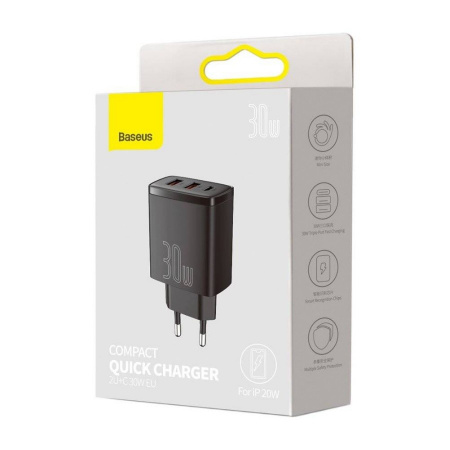 Сетевое зарядное устройство Baseus Compact Quick Charger 2U+C 30W EU Черный (CCXJ-E01)