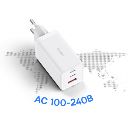 Сетевое зарядное устройство Baseus GaN5 Pro Fast Charger 2C+U 65W EU White с кабелем Type-C - Type-C 100W(20V/5A) 1m (CCGP120202)