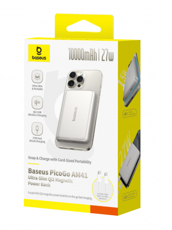 Повербанк Baseus PicoGo AM41 Ultra-Slim Qi2 Magnetic 10000mAh 27W Серый (в комплекте USB-C - USB-C кабель 30см) (E0027203)