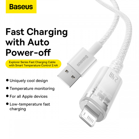 Кабель Baseus Explorer Series Fast Charging Cable with Smart Temperature Control USB - Apple Lightning 2.4A 1m (CATS010002) Белый