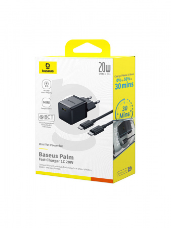 Сетевое зарядное устройство Baseus Palm Fast Charger 1C 20W EU Чёрный (с кабелем USB-C - USB-C 60W (20V/3A) 1м) (P10111602113-01)