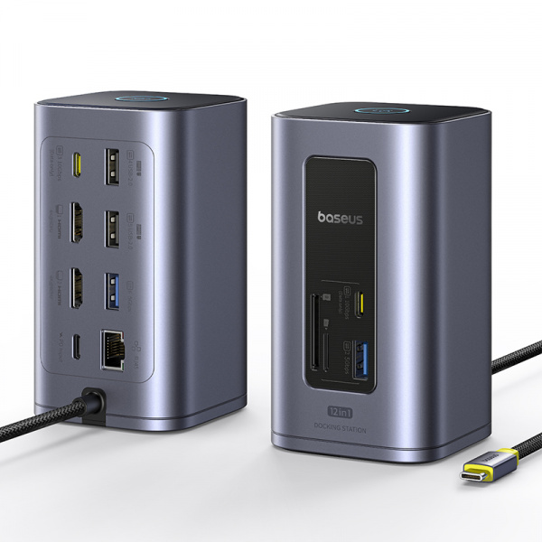 Док-станция 12-в-1 Baseus NU1 Air Spacemate  (USB-C to 2*HDMI 4K@60Hz+2*USB-C (10Gbps)+2*USB-A (5Gbps)+2*USB-A (480Mbps)+1*RJ45+SD/TF 3.0+1*USB-C (PD) Серый (B00568103813-00)