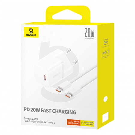 Сетевое зарядное устройство Baseus GaN5 Fast Charger(mini) 1C 20W EU Белое P10110900213-01 (Комплект: Fast Charging Data Cable Type-C - Type-C 100W 1m Белый)