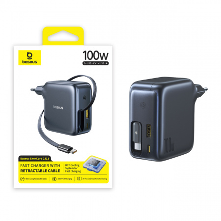 Сетевое зарядное устройство Baseus EnerCore CJ11 Fast Charger with Retractable Cable 2C+U 100W EU Чёрный (E0120M00)