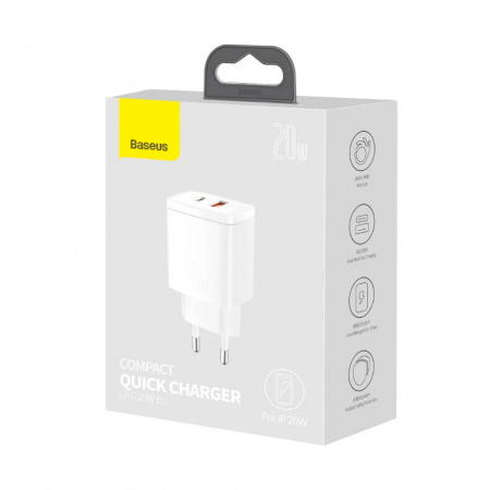 Сетевое зарядное устройство Baseus Compact Quick Charger U+C 20W EU White (CCXJ-B02)