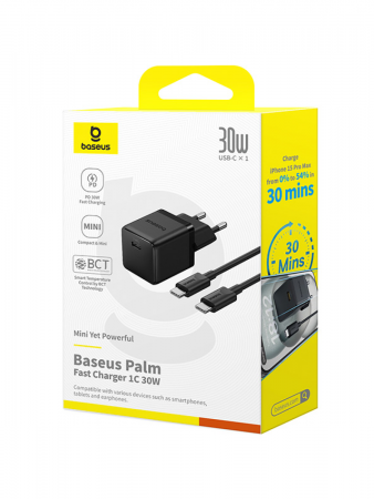 Сетевое зарядное устройство Baseus Palm Fast Charger 1C 30W EU Чёрный (в комплекте кабель Type-C - Type-C 60W(20V/3A) 1м) (P10111605113-01)