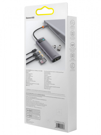 Хаб Baseus Metal Gleam Series 9-in-1 Multifunctional Type-C HUB Docking Station (Type-C - HDMI*2+USB3.0*2+USB2.0*1+PD*1+SD/TF*1+RJ45*1) Серый (WKWG060013)