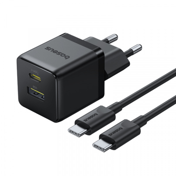 Сетевое зарядное устройство Baseus Palm Fast Charger C+U 30W EU Чёрный (в комплекте кабель USB-C - USB-C 60W (20V/3A) 1м) (P1011160A113-01)