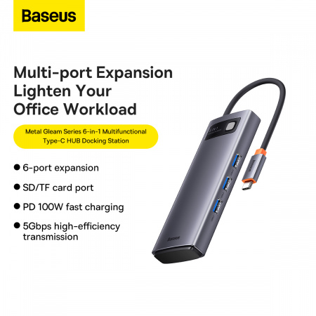 Хаб Baseus Metal Gleam Series 6-in-1 Multifunctional Type-C HUB Docking Station (Type-C - USB3.0*3+PD*1+SD/TF*1) Серый (WKWG030213)