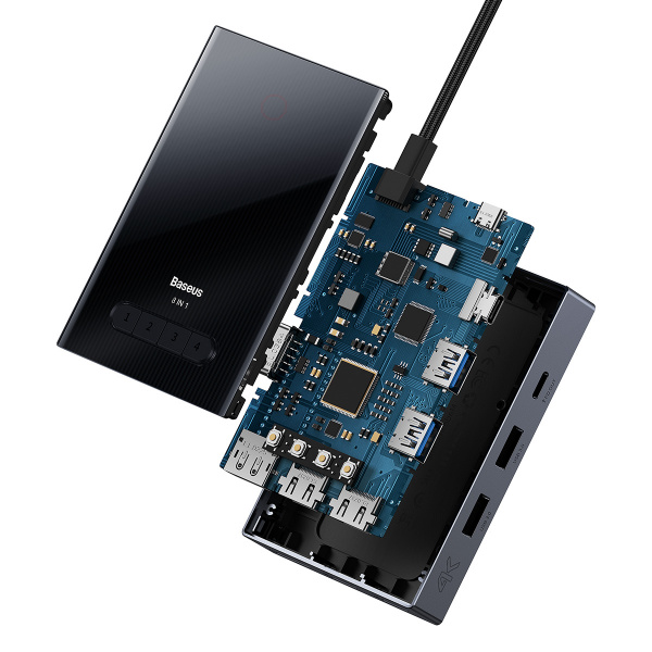 Хаб Baseus PioneerJoy 8-Port Four-Screen Type-C HUB Adapter (Type-C - HDMI4K@60Hz*1+HDMI4K@30Hz*1+DP8K@30Hz*1+VGA+USB3.0*2+Type-C (Data+PDout)*1+PD*1) Серый (WKYY030413)