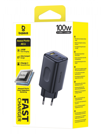 Сетевое зарядное устройство Baseus PicoGo AE11 Fast Charger 2C+U 100W EU Чёрный (E0121400)