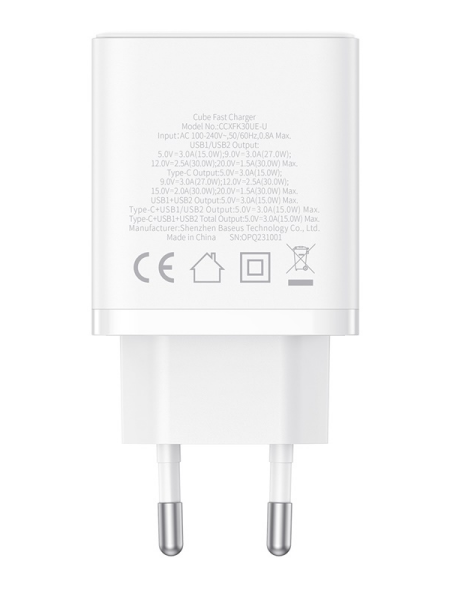 Сетевое зарядное устройство OS-Baseus Cube Fast Charger 2U+C 30W EU Белый (P10111402213-00) 