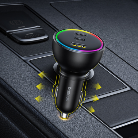 Автомобильное зарядное устройство Baseus Multi-Port Fast Charge Car Charger 2xType-C+USB 152.5W (кабель Type-C - Type-C 100W (20V/5A) 1м в комплекте) Чёрное (C00036101111-00)   Автомобильное зарядное устройство Baseus Multi-Port Fast Charge Car Charger 2xType-C+USB 152.5W (кабель Type-C - Type-C 100W (20V/5A) 1м в комплекте) Чёрное (C00036101111-00)