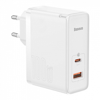 Сетевое зарядное устройство Baseus GaN5 Pro Fast Charger C+U 100W EU с кабелем Type-C - Type-C 100W(20V/5A) 1m Белый (CCGP090202)