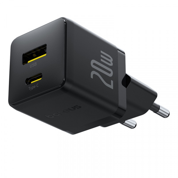 Сетевое зарядное устройство Baseus Palm Fast Charger C+U 20W EU (кабель в комплекте USB-C - USB-C 60W (20V/3A) 1м) Черный (P10111608113-01)