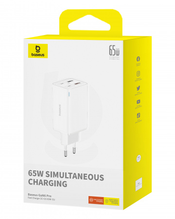 Сетевое зарядное устройство OS-Baseus GaN6 Pro Fast Charger 2C+2U 65W  EU с кабелем Type-C-Type-C 100W (20V/5A) 1m Белое (P10162701213-00)