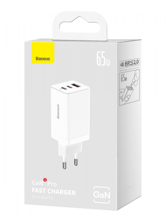 Сетевое зарядное устройство Baseus GaN5 Pro Fast Charger 2C+U 65W EU White с кабелем Type-C - Type-C 100W(20V/5A) 1m (CCGP120202)
