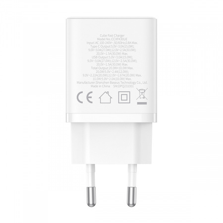 Сетевое зарядное устройство Baseus Cube Fast Charger C+U 30W EU Белое P10111404213-00