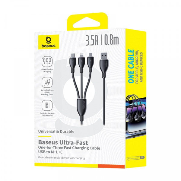 Кабель Baseus Ultra-Fast 3-в-1 Fast Charging Cable USB-A - Micro-USB + Lightning + USB-C 3.5A 0.8м Чёрный (P10376303121-01)