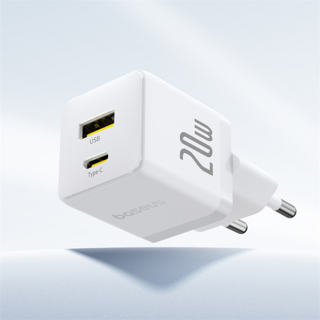Сетевое зарядное устройство Baseus Palm Fast Charger C+U 20W EU (кабель в комплекте USB-C - USB-C 60W (20V/3A) 1м) Балый (P10111608213-01)