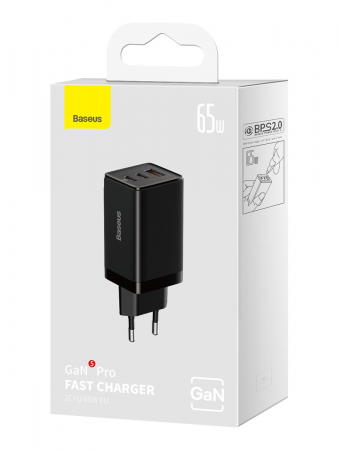 Сетевое зарядное устройство Baseus GaN5 Pro Fast Charger 2C+U 65W EU Черный с кабелем Type-C - Type-C 100W (20V/5A) 1m (CCGP120201)