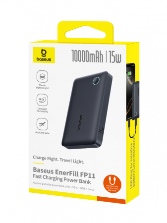 Повербанк Baseus EnerFill FP11 10000mAh 15W Чёрный (в комплекте Type-C - Type-C кабель 30см) (P1008210C123-00)