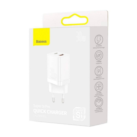 Сетевое зарядное устройство Baseus Super Si Pro Quick Charger C+U 30W EU (PD, QC) Белое (CCSUPP-E02) Сетевое зарядное устройство Baseus Super Si Pro Quick Charger C+U 30W EU (PD, QC) Белое (CCSUPP-E02)