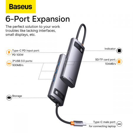 Хаб Baseus Metal Gleam Series 6-in-1 Multifunctional Type-C HUB Docking Station (Type-C - USB3.0*3+PD*1+SD/TF*1) Серый (WKWG030213)