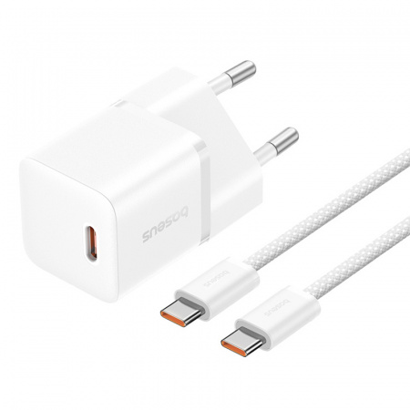 Сетевое зарядное устройство Baseus GaN5 Fast Charger(mini) 1C 20W EU Белое P10110900213-01 (Комплект: Fast Charging Data Cable Type-C - Type-C 100W 1m Белый)