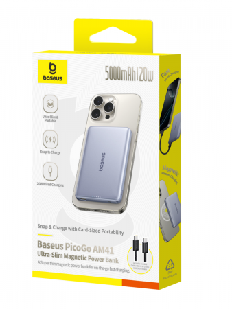 Внешний аккумулятор Baseus PicoGo AM41 Ultra-Slim Magnetic Power Bank 5000mAh 20W Серый (Кабель USB-C - USB-C 60W 30см) (P1007680C813-00)