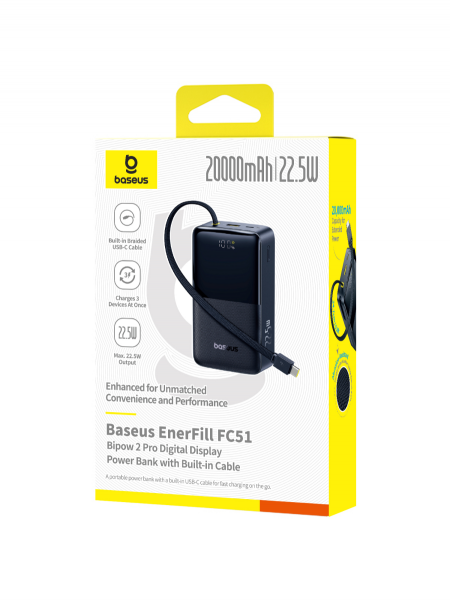 Повербанк Baseus EnerFill FC51 Bipow2 Pro Digital Display со встроенным кабеле 20000mAh 22.5W Чёрный (E0027701)