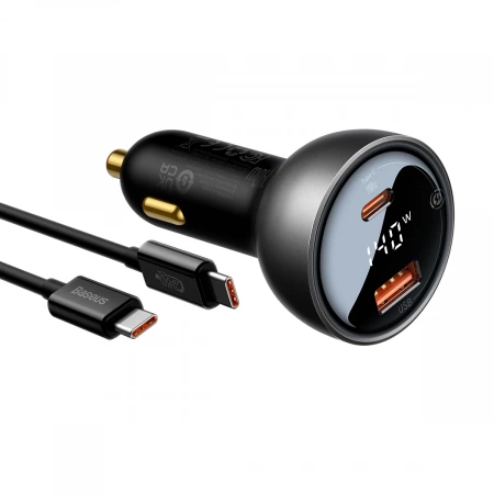 Автомобильное зарядное устройство Baseus Digital Display PD3.1 Dual Fast Charger Car Charger U+C 140W Set Obsidian с кабелем Type-C - Type-C 240W (48V/5A) 1m Черное (CGZX070001)