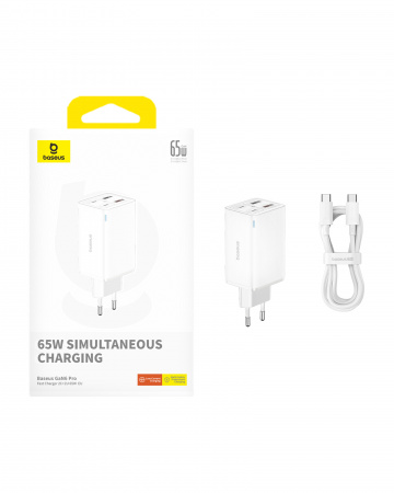 Сетевое зарядное устройство OS-Baseus GaN6 Pro Fast Charger 2C+2U 65W  EU с кабелем Type-C-Type-C 100W (20V/5A) 1m Белое (P10162701213-00)