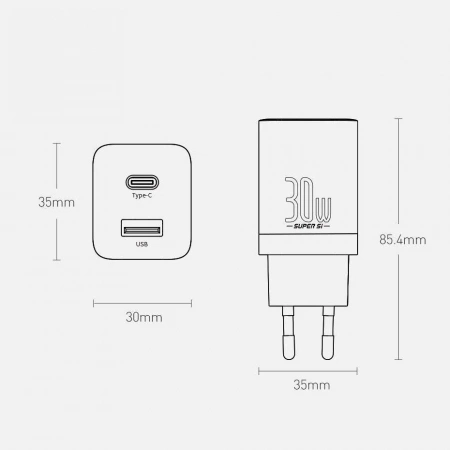 Сетевое зарядное устройство Baseus Super Si Pro Quick Charger USB + Type-C C+U 30W EU Черный (CCSUPP-E01)