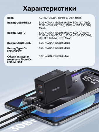 Сетевое зарядное устройство OS-Baseus Cube Fast Charger 2U+C 30W EU Чёрный (P10111402113-00)