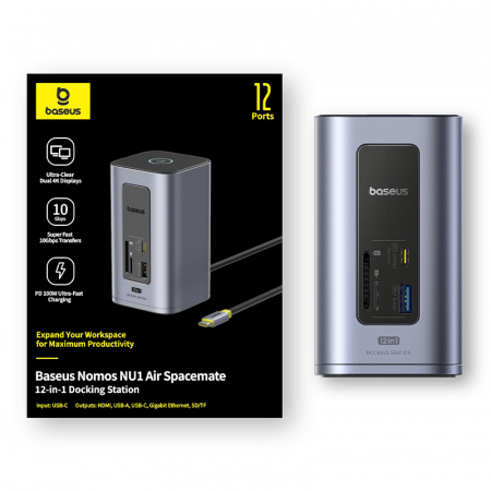 Док-станция 12-в-1 Baseus NU1 Air Spacemate  (USB-C to 2*HDMI 4K@60Hz+2*USB-C (10Gbps)+2*USB-A (5Gbps)+2*USB-A (480Mbps)+1*RJ45+SD/TF 3.0+1*USB-C (PD) Серый (B00568103813-00)
