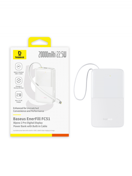 Повербанк Baseus EnerFill FC51 Bipow2 Pro Digital Display со встроенным кабеле 20000mAh 22.5W Белый (E0027700)