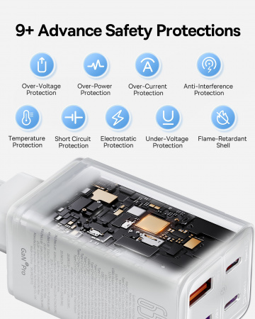 Сетевое зарядное устройство OS-Baseus GaN6 Pro Fast Charger 2C+2U 65W  EU с кабелем Type-C-Type-C 100W (20V/5A) 1m Белое (P10162701213-00)