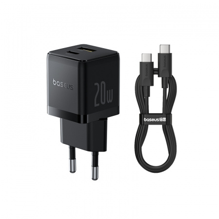 Сетевое зарядное устройство Baseus Palm Fast Charger C+U 20W EU (кабель в комплекте USB-C - USB-C 60W (20V/3A) 1м) Черный (P10111608113-01)