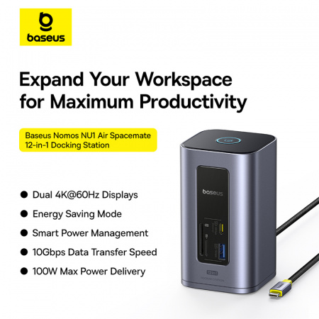Док-станция 12-в-1 Baseus NU1 Air Spacemate  (USB-C to 2*HDMI 4K@60Hz+2*USB-C (10Gbps)+2*USB-A (5Gbps)+2*USB-A (480Mbps)+1*RJ45+SD/TF 3.0+1*USB-C (PD) Серый (B00568103813-00)