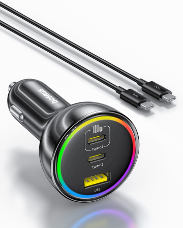 Автомобильное зарядное устройство Baseus Multi-Port Fast Charge Car Charger 2xType-C+USB 152.5W (кабель Type-C - Type-C 100W (20V/5A) 1м в комплекте) Чёрное (C00036101111-00)   Автомобильное зарядное устройство Baseus Multi-Port Fast Charge Car Charger 2xType-C+USB 152.5W (кабель Type-C - Type-C 100W (20V/5A) 1м в комплекте) Чёрное (C00036101111-00)