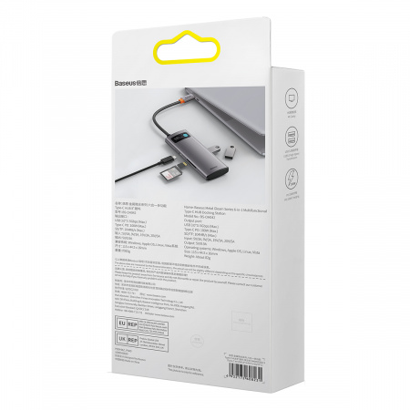 Хаб Baseus Metal Gleam Series 6-in-1 Multifunctional Type-C HUB Docking Station (Type-C - USB3.0*3+PD*1+SD/TF*1) Серый (WKWG030213)