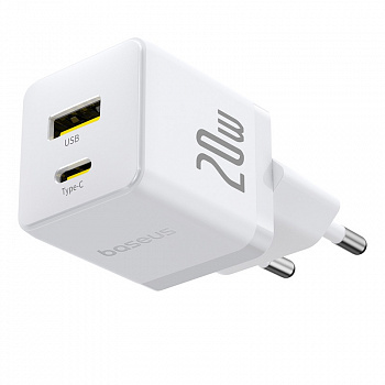 Сетевое зарядное устройство Baseus Palm Fast Charger C+U 20W EU (кабель в комплекте USB-C - USB-C 60W (20V/3A) 1м) Балый (P10111608213-01)