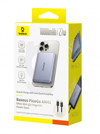 Повербанк Baseus PicoGo AM41 Ultra-Slim Qi2 Magnetic 10000mAh 27W Темно-серый (в комплекте USB-C - USB-C кабель 30см) (E0027200)