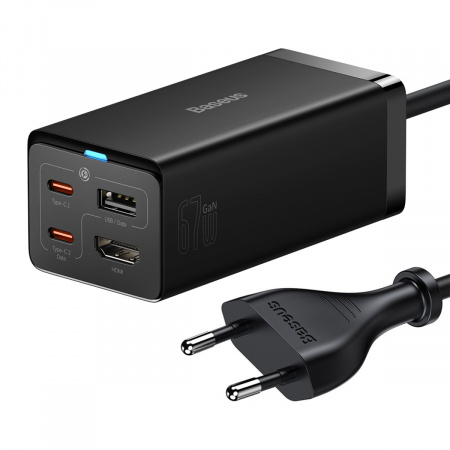 Сетевое зарядное устройство Baseus GaN5 Pro Desktop Fast Charger 1U+2C+HDMI 67W with 1.5m power cord EU с кабелем Type-C - Type-C 100W (20V/5A) 1m (CCGP110201) Черное