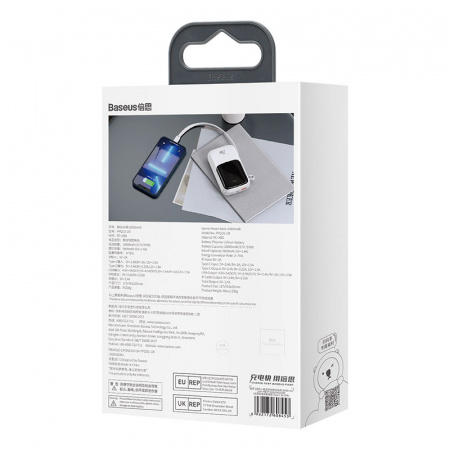 Внешний аккумулятор BASEUS Qpow Pro Digital Display Fast Charge 20W iP Edition, 3A, 10000 мА⋅ч, белый, с кабелем Type-C (PPQD020002)