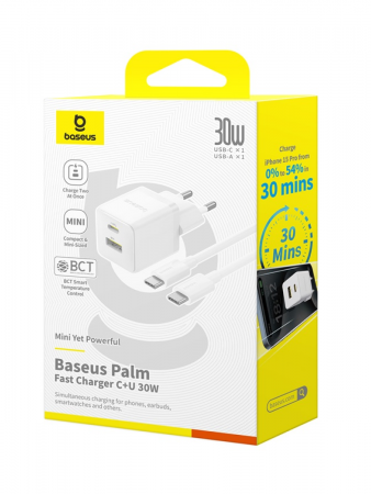 Сетевое зарядное устройство Baseus Palm Fast Charger C+U 30W EU Белый (в комплекте кабель USB-C - USB-C 60W) (P1011160A213-01)